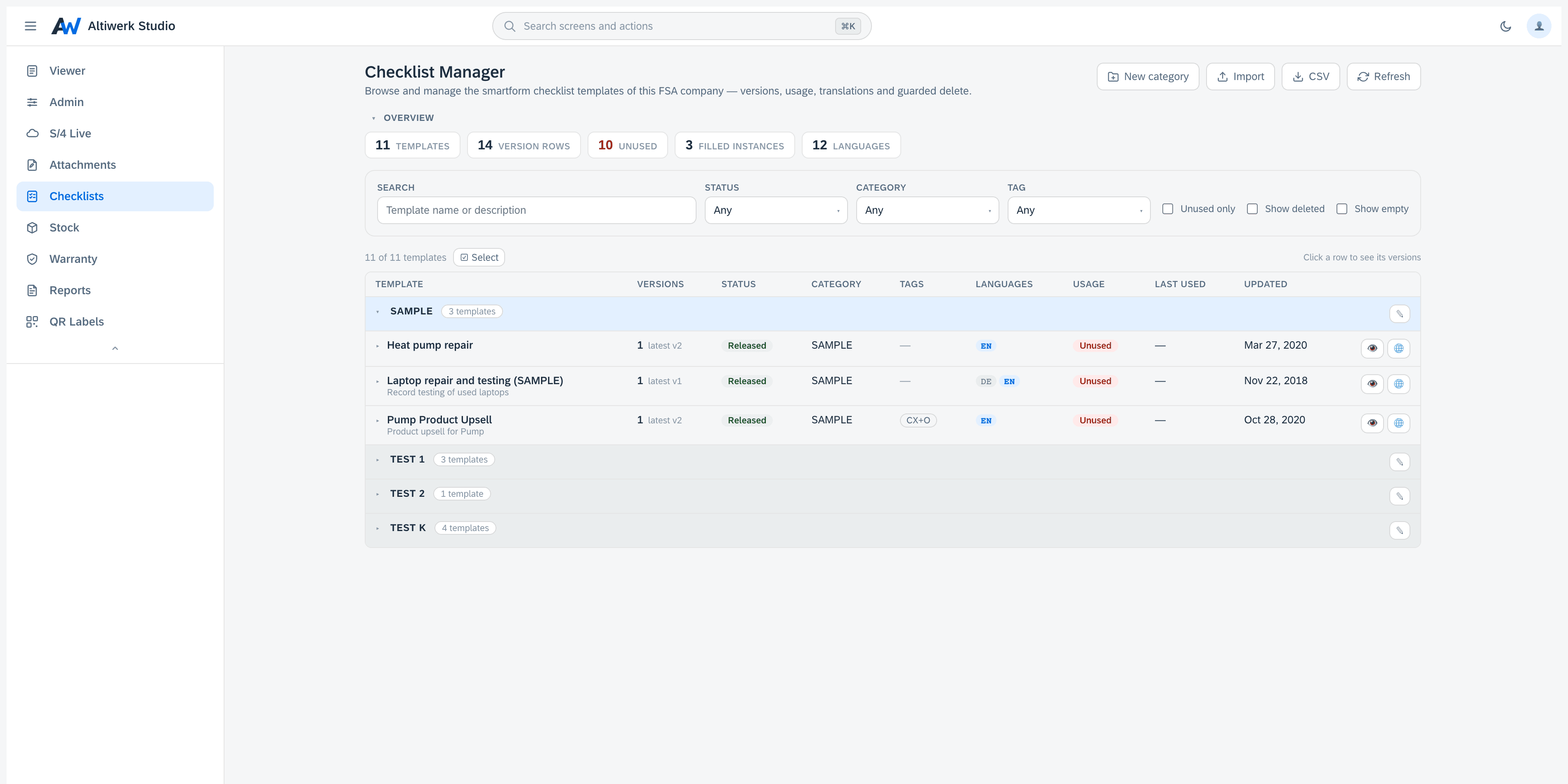 The checklist manager's stats band — eleven templates, fourteen version rows, ten unused, three filled instances, twelve languages — above a category expanded to its templates with status, language chips and unused badges