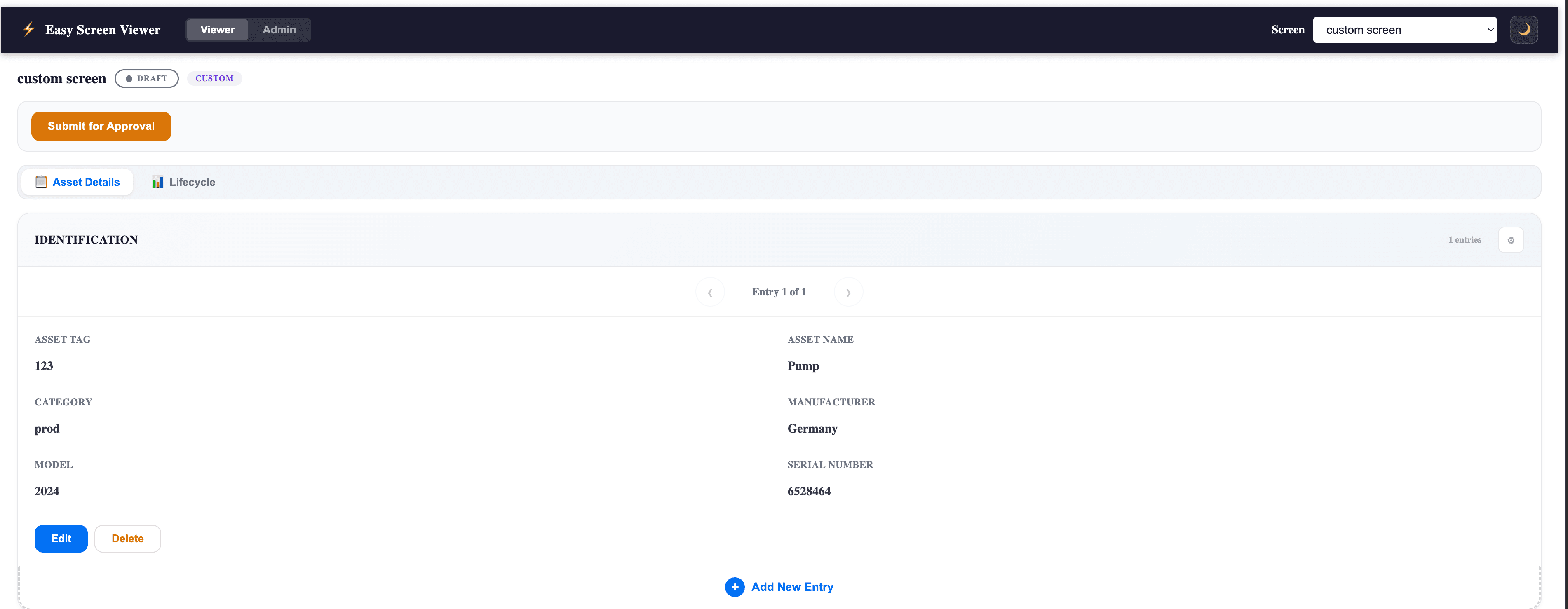 EasyScreenViewer Custom screen — Asset Details page with Identification and Lifecycle tabs and per-entry navigation