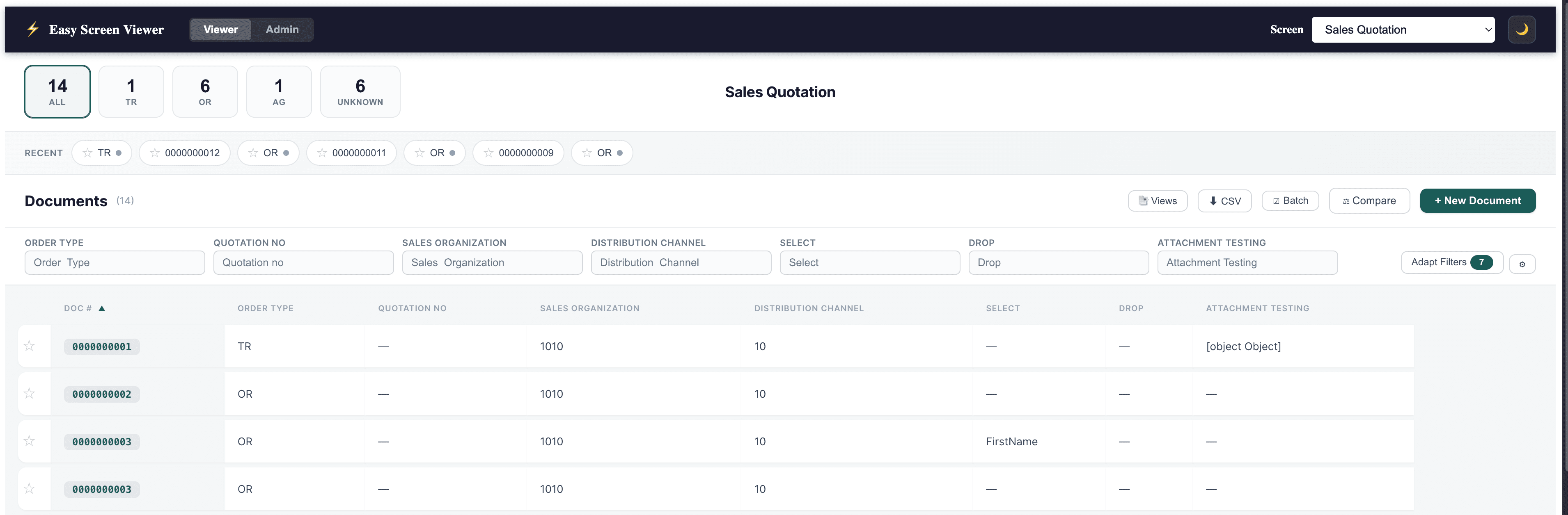 EasyScreenViewer SAP Document viewer — Sales Quotation list with status chips and column filters