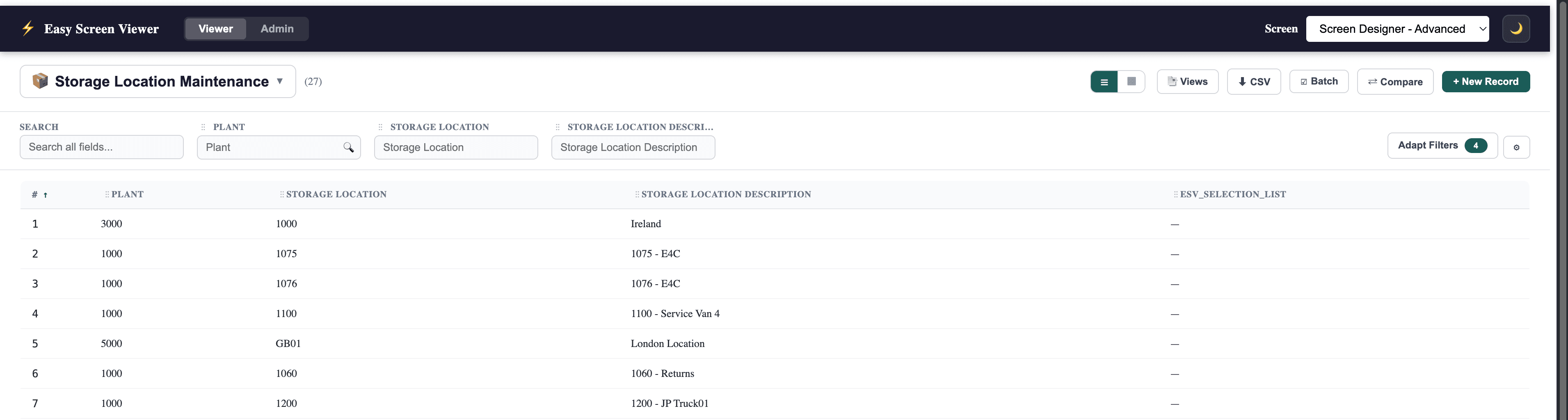 EasyScreenViewer UDO viewer — Storage Location Maintenance with plant, storage location, and description columns