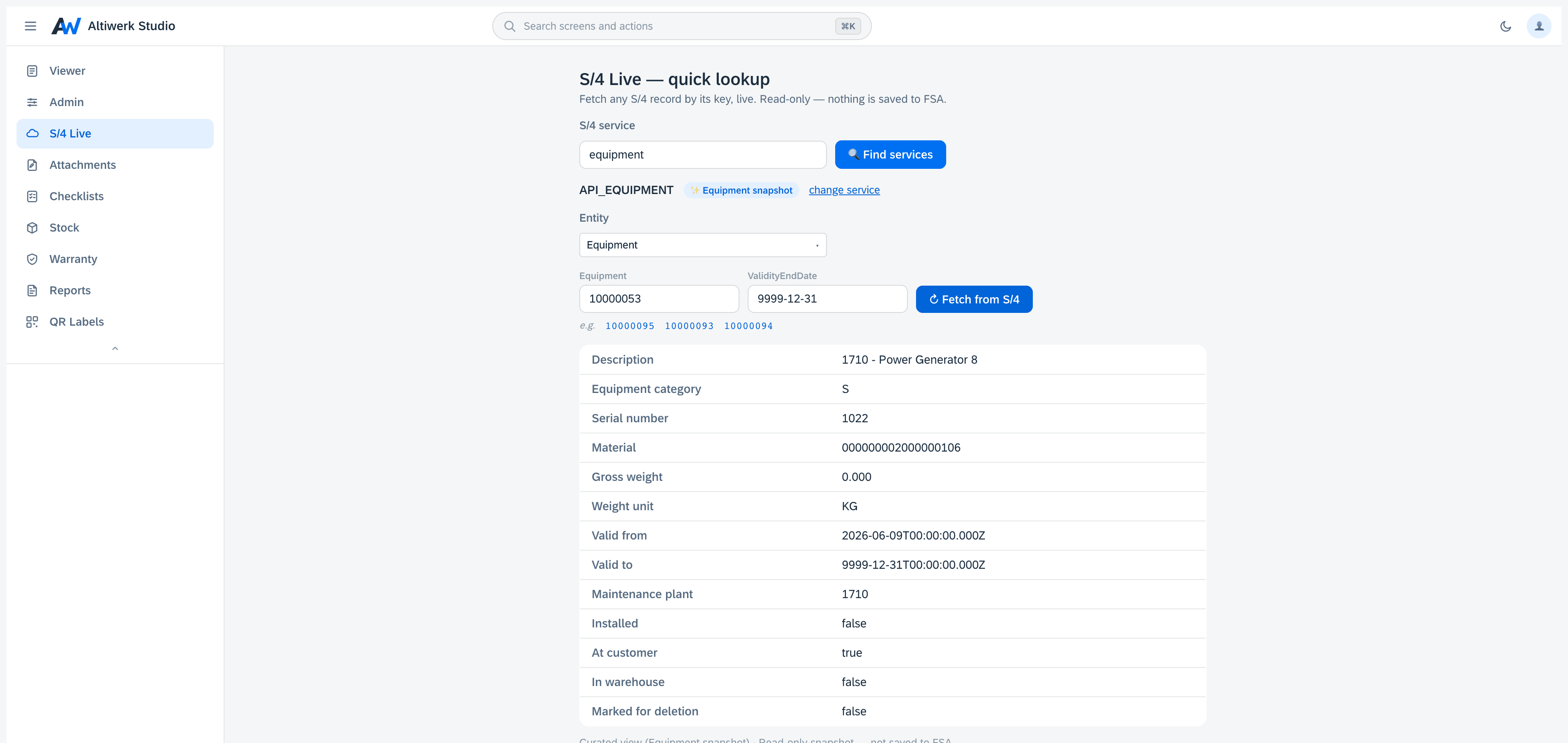 S/4 Live resolving a curated equipment template to a single live record, with one-click example key values and the collections related to it