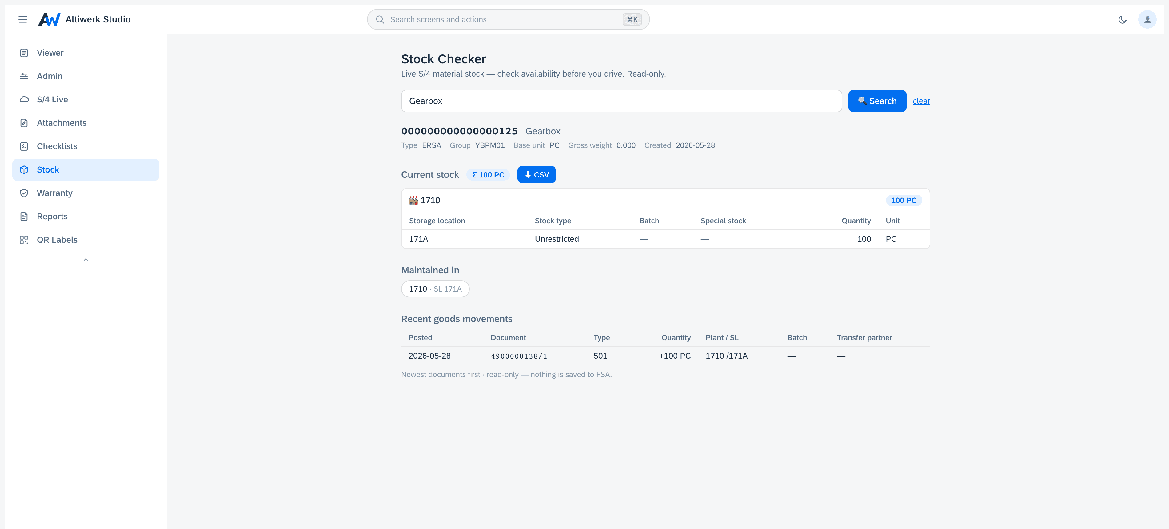 A material card totalling a hundred pieces across its segments, with where the material is maintained and a recent goods movement