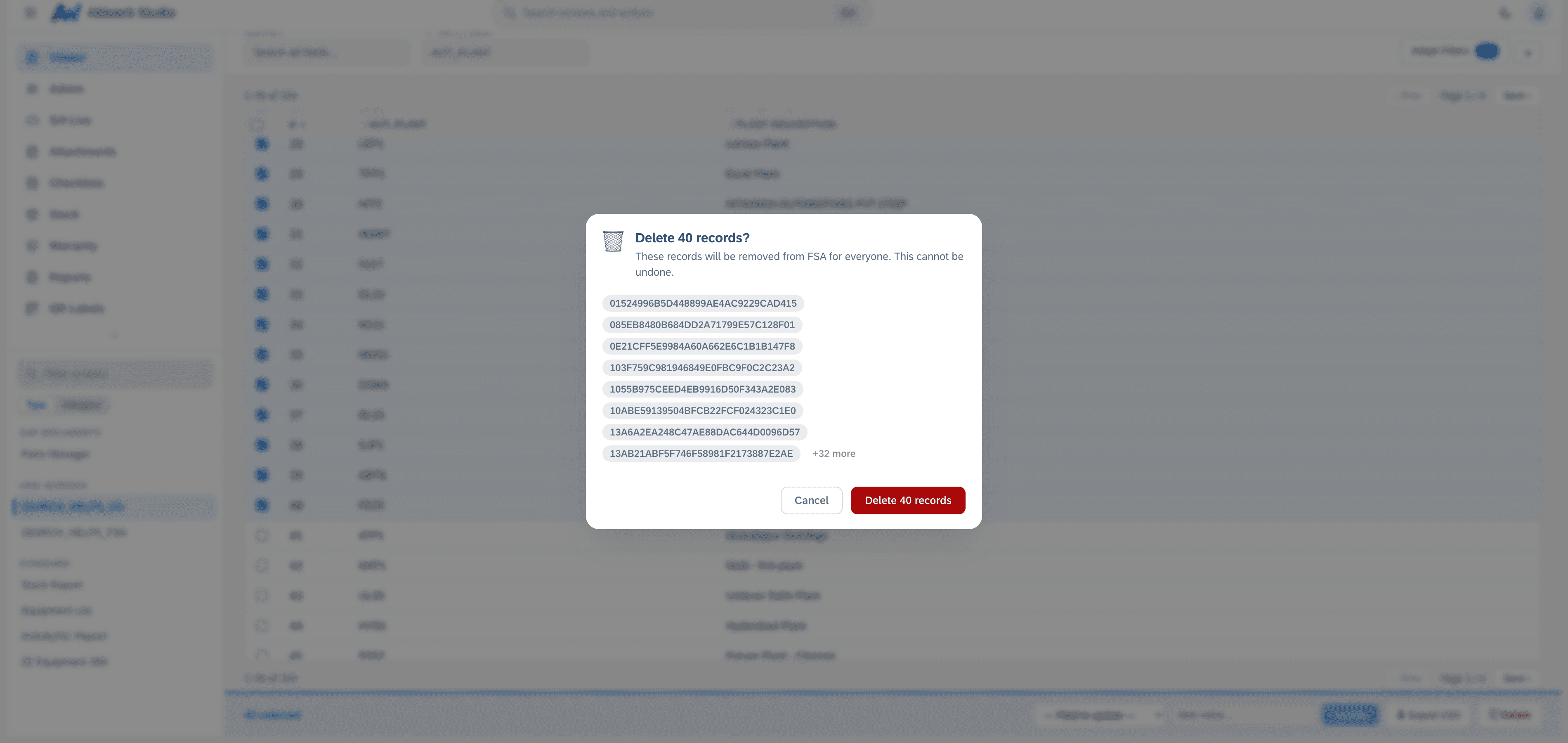A batch delete confirmation listing the record ids it is about to remove and warning that forty deletions cannot be undone
