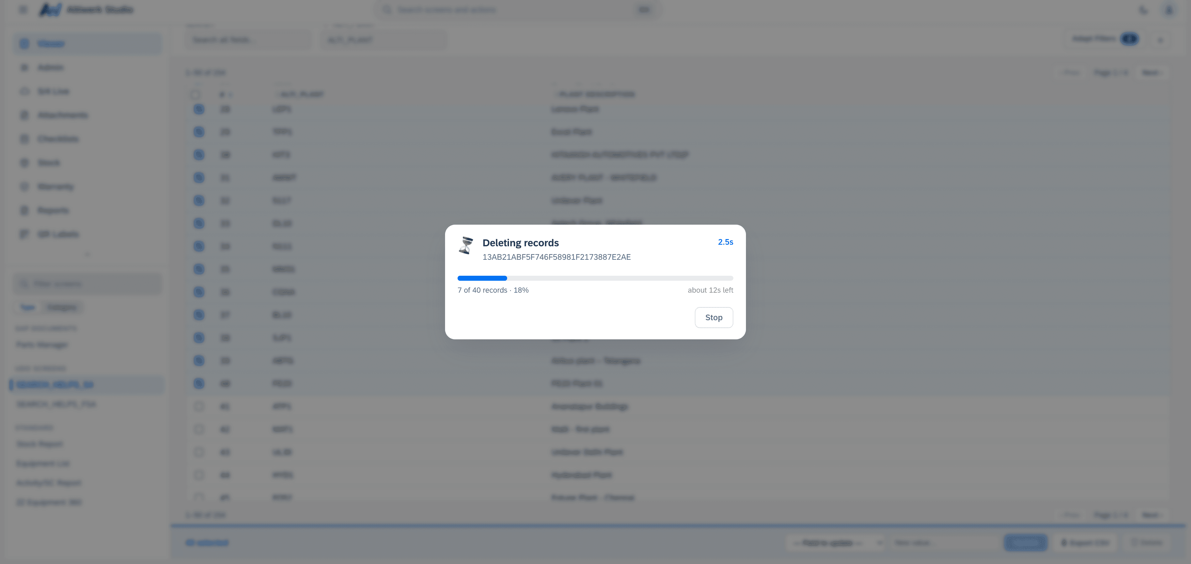 A batch delete in progress — seven of forty records at eighteen percent, with elapsed time, an estimate of the time left, and a Stop button