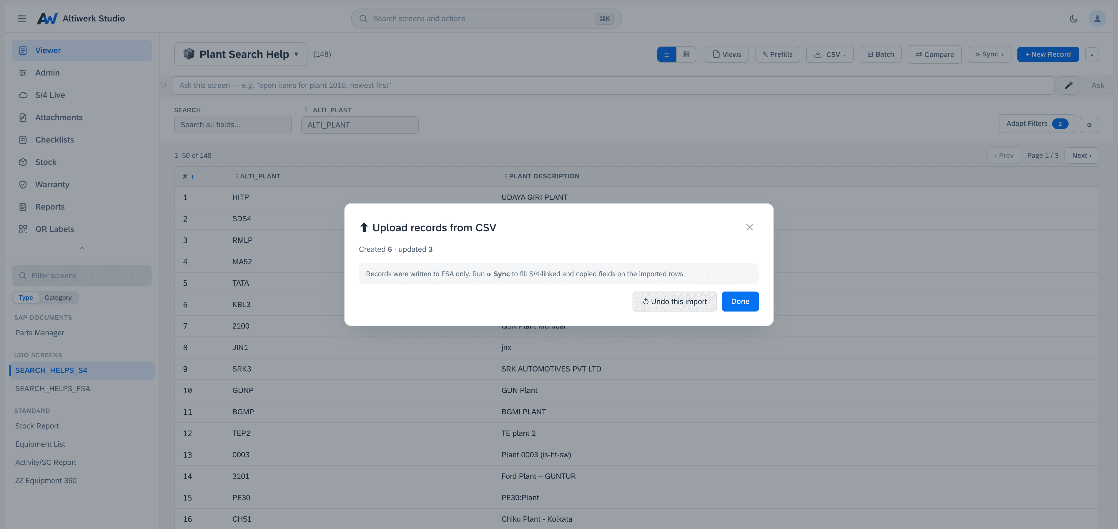 The result of a CSV import — six created and three updated — with an Undo this import action