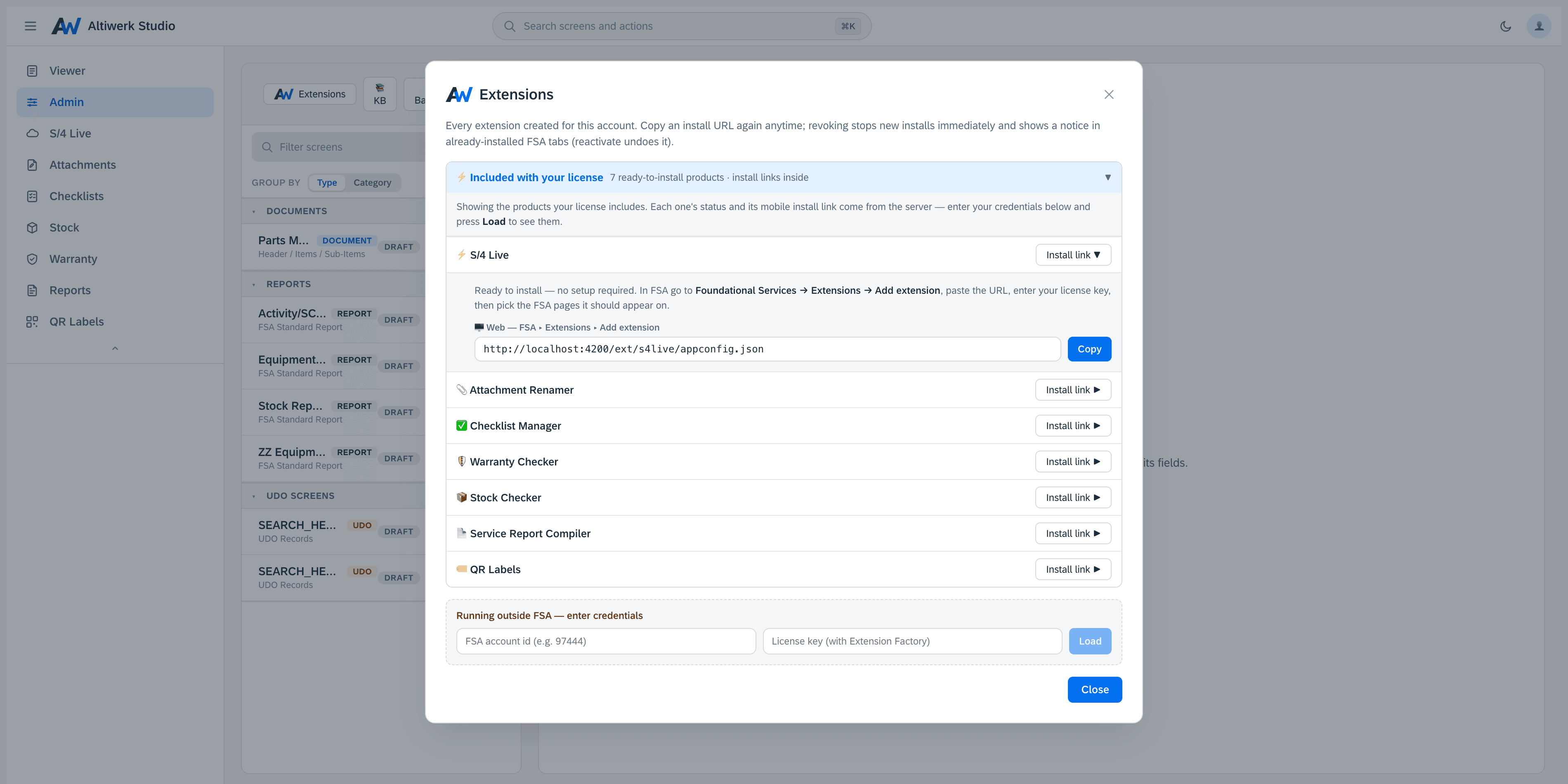 The extensions manager listing seven ready-to-install products, one expanded to show its install link, the instructions for pasting it into FSA, and a copy action
