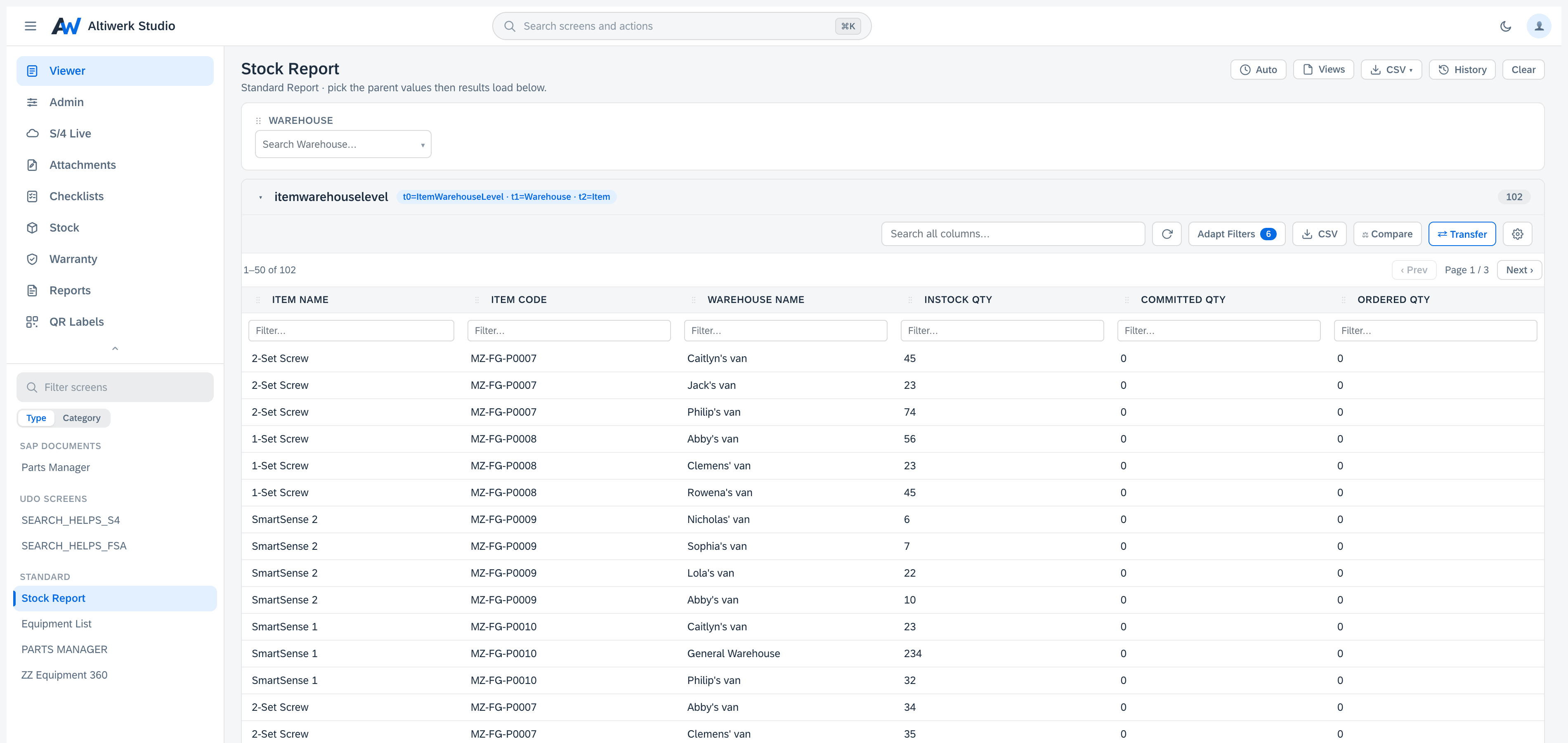 A standard report joining three sources into one result block, with a warehouse driver above it, per-column filters, and 102 rows paged fifty at a time