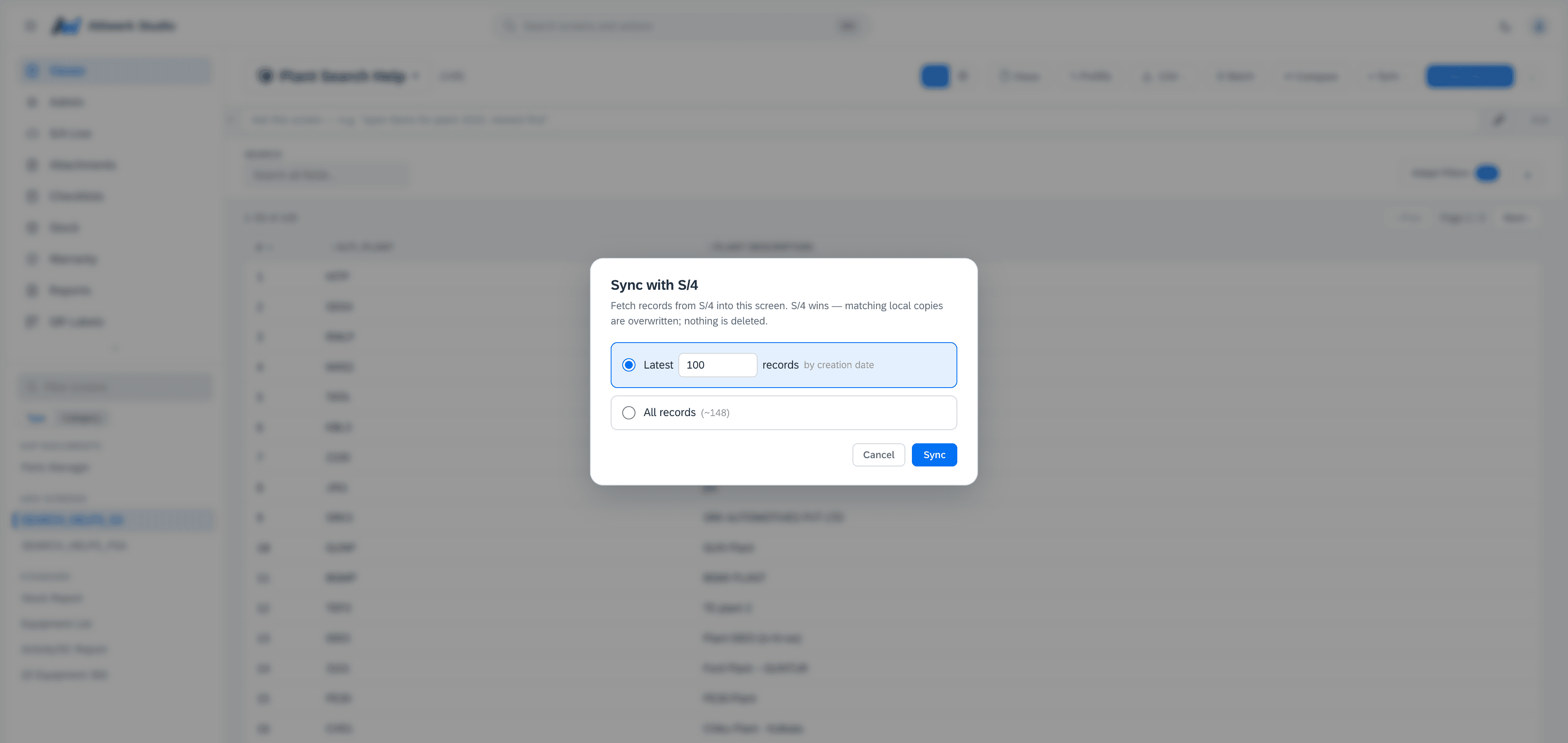 The Sync with S/4 dialog, offering the latest N records or all of them, and stating that S/4 wins and nothing is deleted