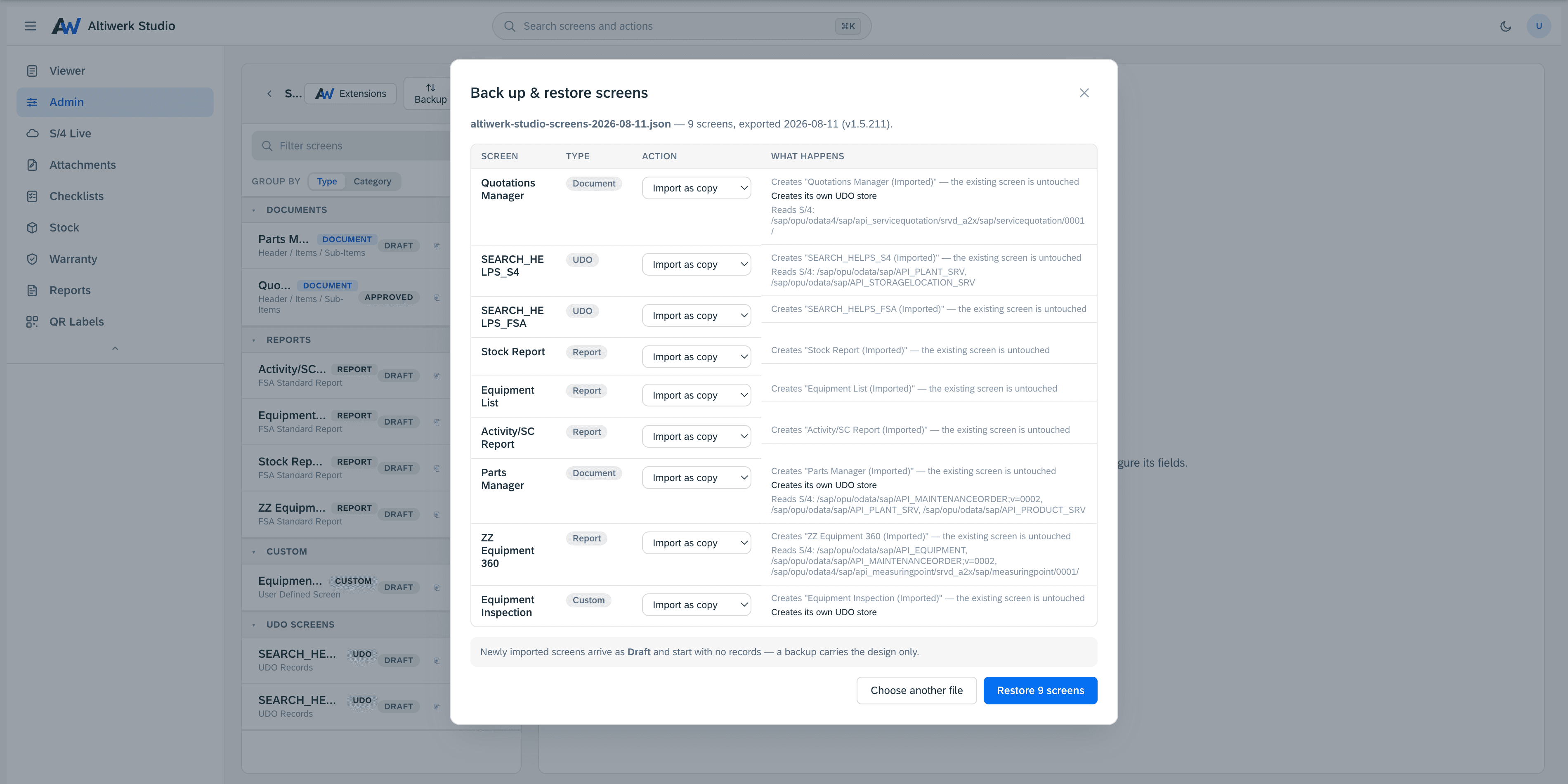 Click to enlarge The restore preflight — every screen in the backup listed with what would happen to it: imported as a copy so the existing screen is left untouched, which ones bring their own storage, and the S/4 services each one reads, with a note that imported screens arrive as drafts holding no records