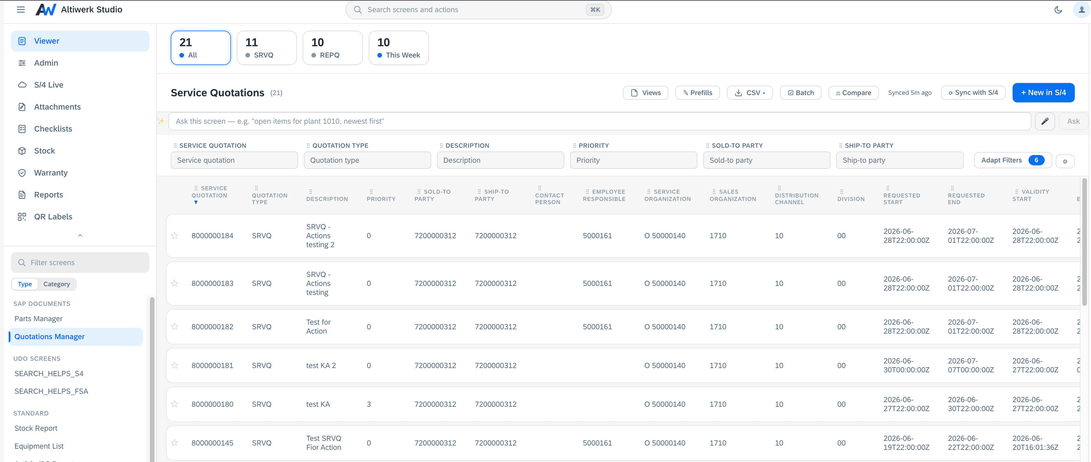 Click to enlarge A SAP document screen listing service quotations with status tabs across the top, a driver filter bar, and a toolbar carrying views, prefills, CSV, batch, compare and Sync with S/4