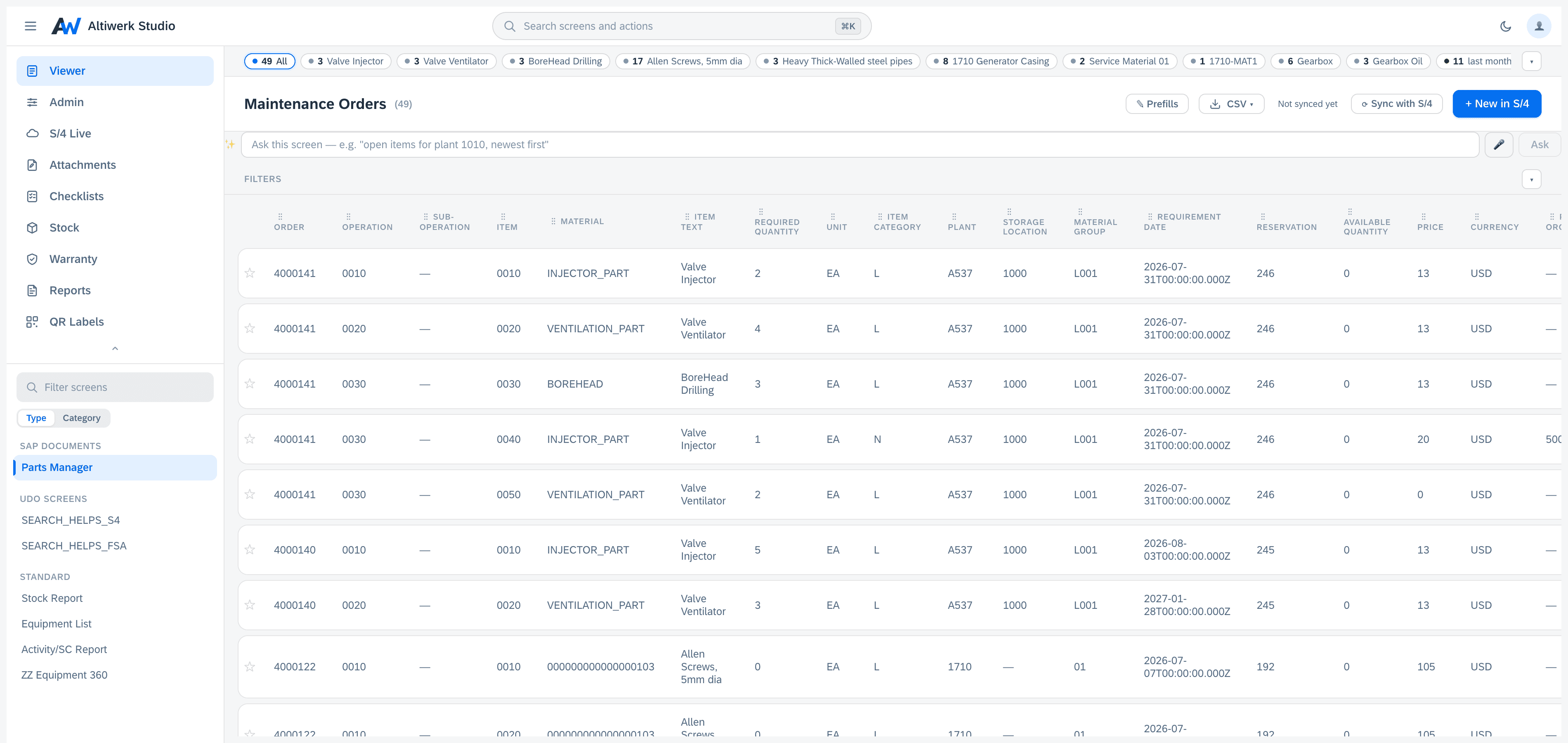 Click to enlarge The item level of a SAP document screen: maintenance-order components read live from S/4 across twenty-one columns, with category chips carrying counts and a New in S/4 action