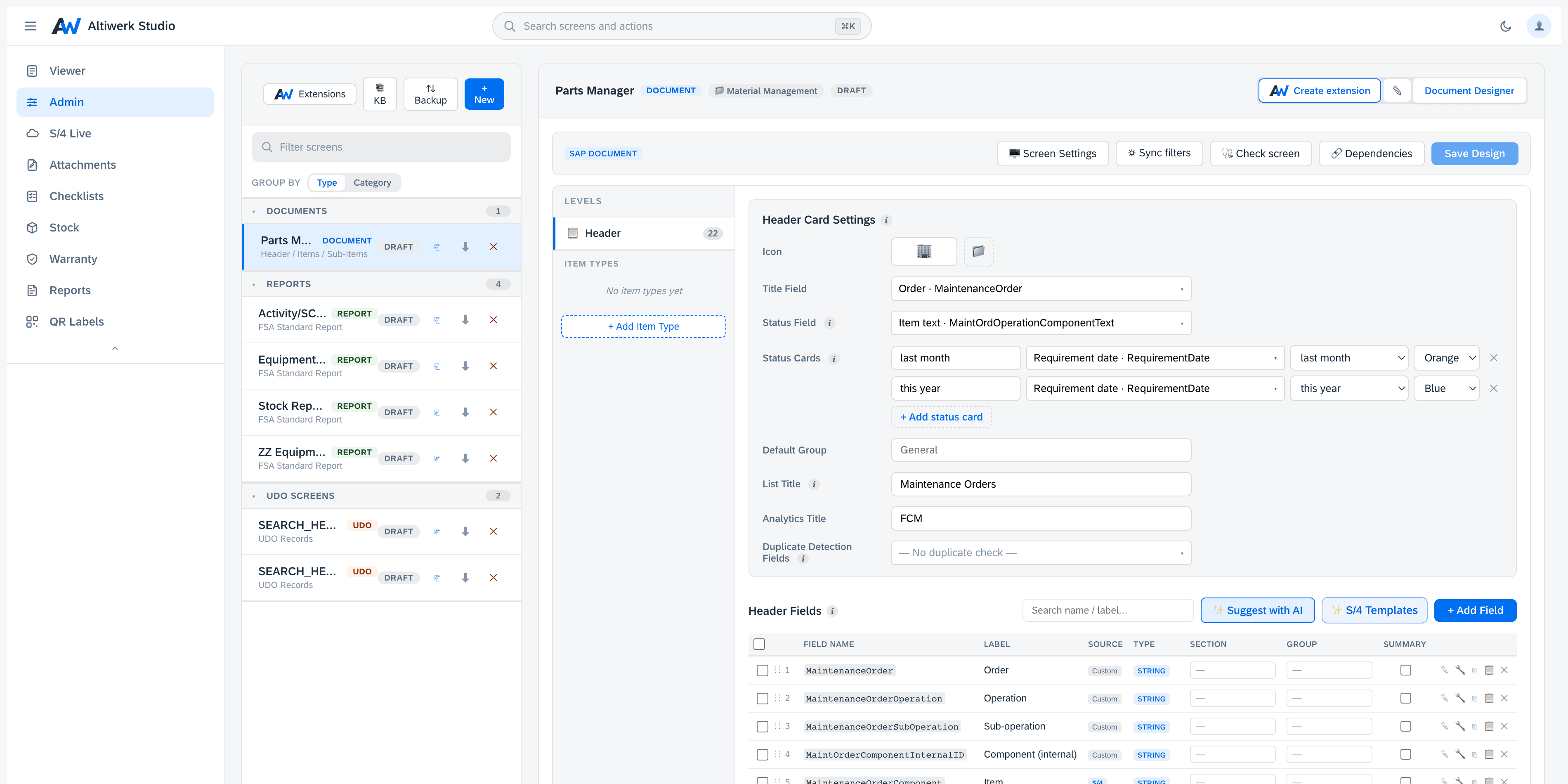 Click to enlarge The screen designer — header card settings beside a field table whose source column marks each field as custom or read from S/4, with AI suggestion and S/4 template actions