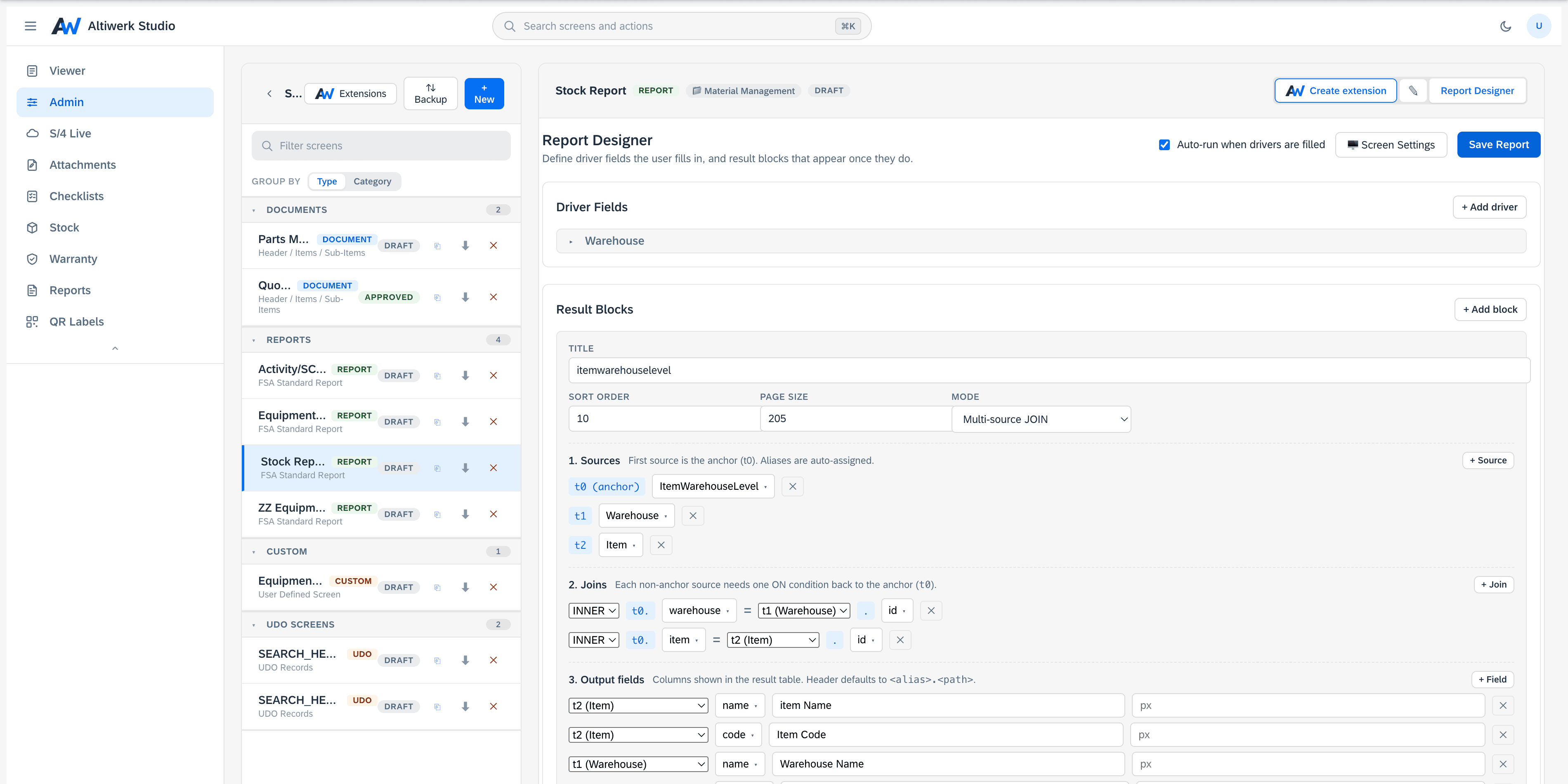 Click to enlarge The admin screen list grouped by screen type, with a report open beside it — its driver field, and a result block whose three sources, joins and output columns are each spelled out