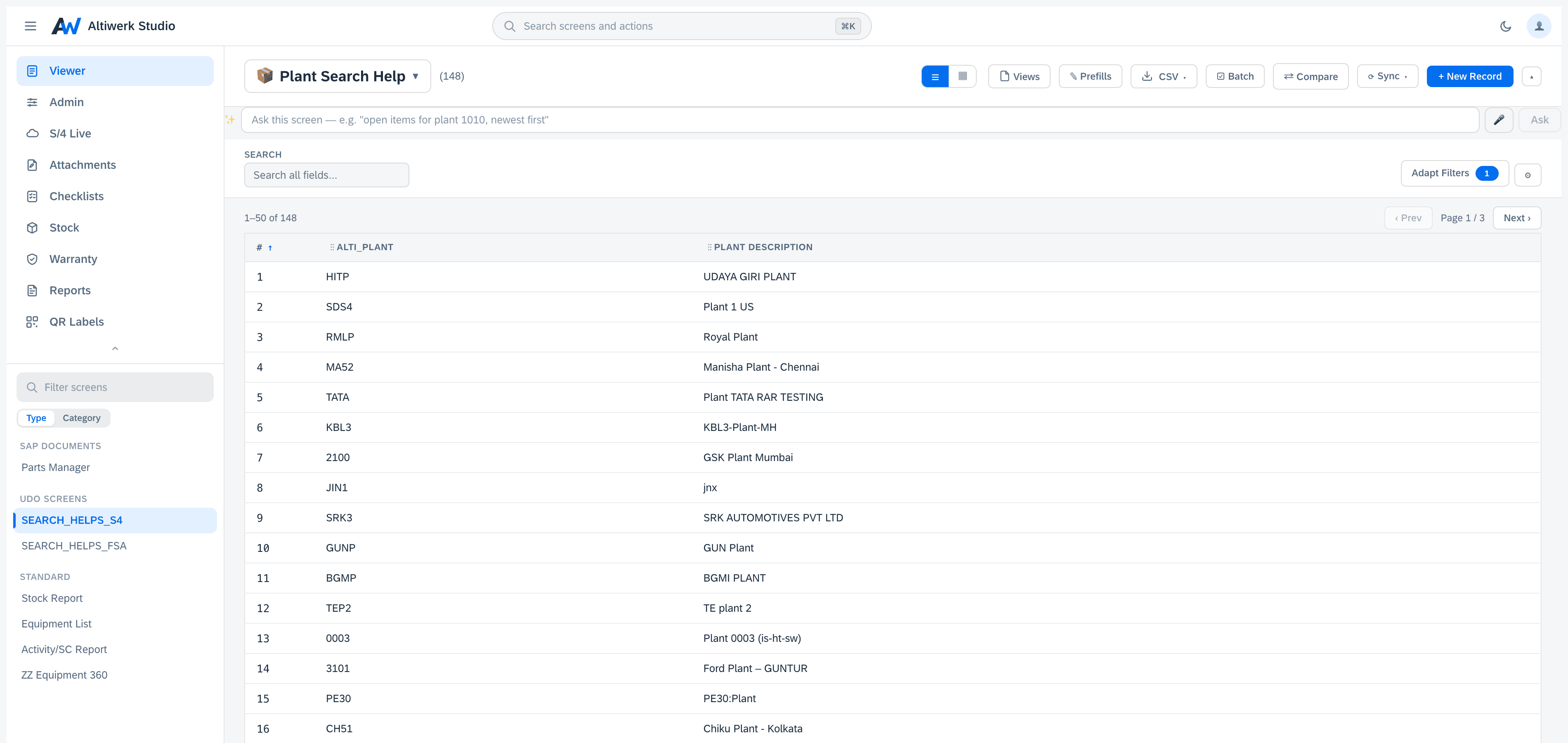 Click to enlarge A UDO screen in table view showing 148 records, with per-column filters and a full toolbar of views, prefills, CSV, batch, compare, sync and new record